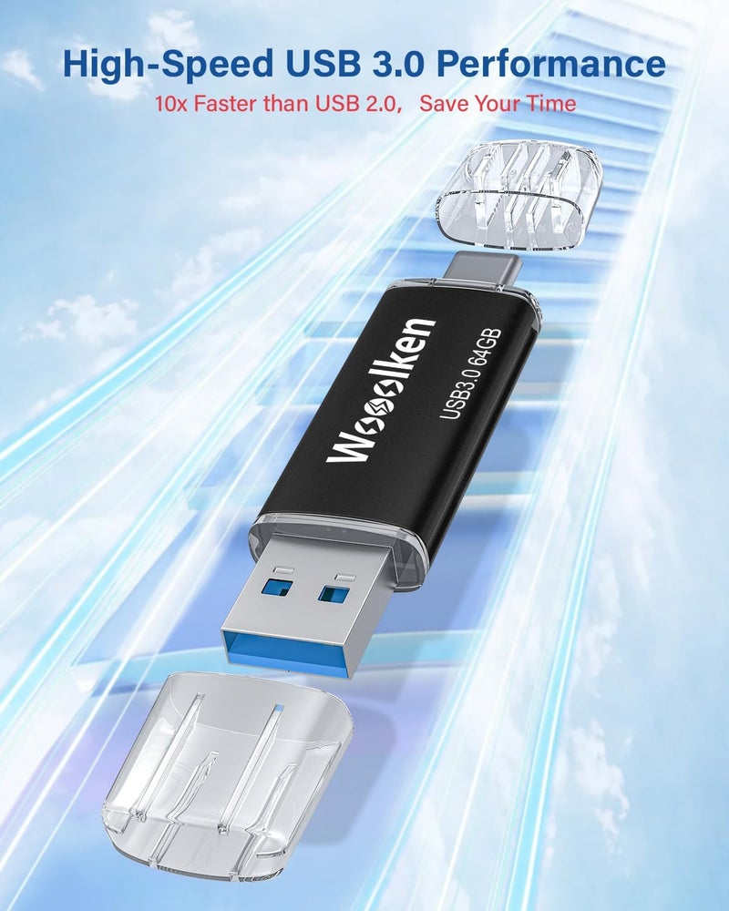 Wooolken USB C Flash Drive 64GB, USB 3.0 Dual Drive Type-C Flash Drive OTG Thumb Drive Compatible with iPhone 16/15, Android Smartphone/Tablets/Computers/Laptop (Black) - Image 4